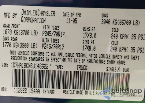 2006 Dodge Ram 1500 St из США, поврежденный, VIN 1D7HA18KX6J146622